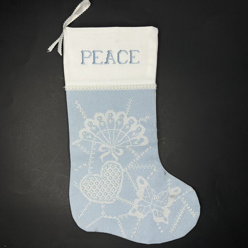 Handmade Cross Stitch Stocking Peace Completed Finished Kit Blue White Beaded